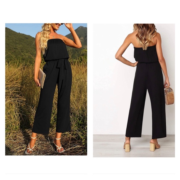 Zesica Pants - Casual Off Shoulder Solid Color Strapless Belted Wide Leg Jumpsuit Romper